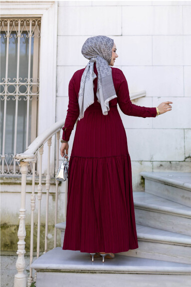 Yakası Taşlı Elbise 1002 Bordo - 4