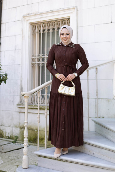 Yakası Taşlı Elbise 1002 Kahverengi - 2