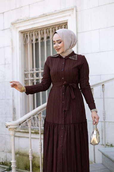 Yakası Taşlı Elbise 1002 Kahverengi - 3