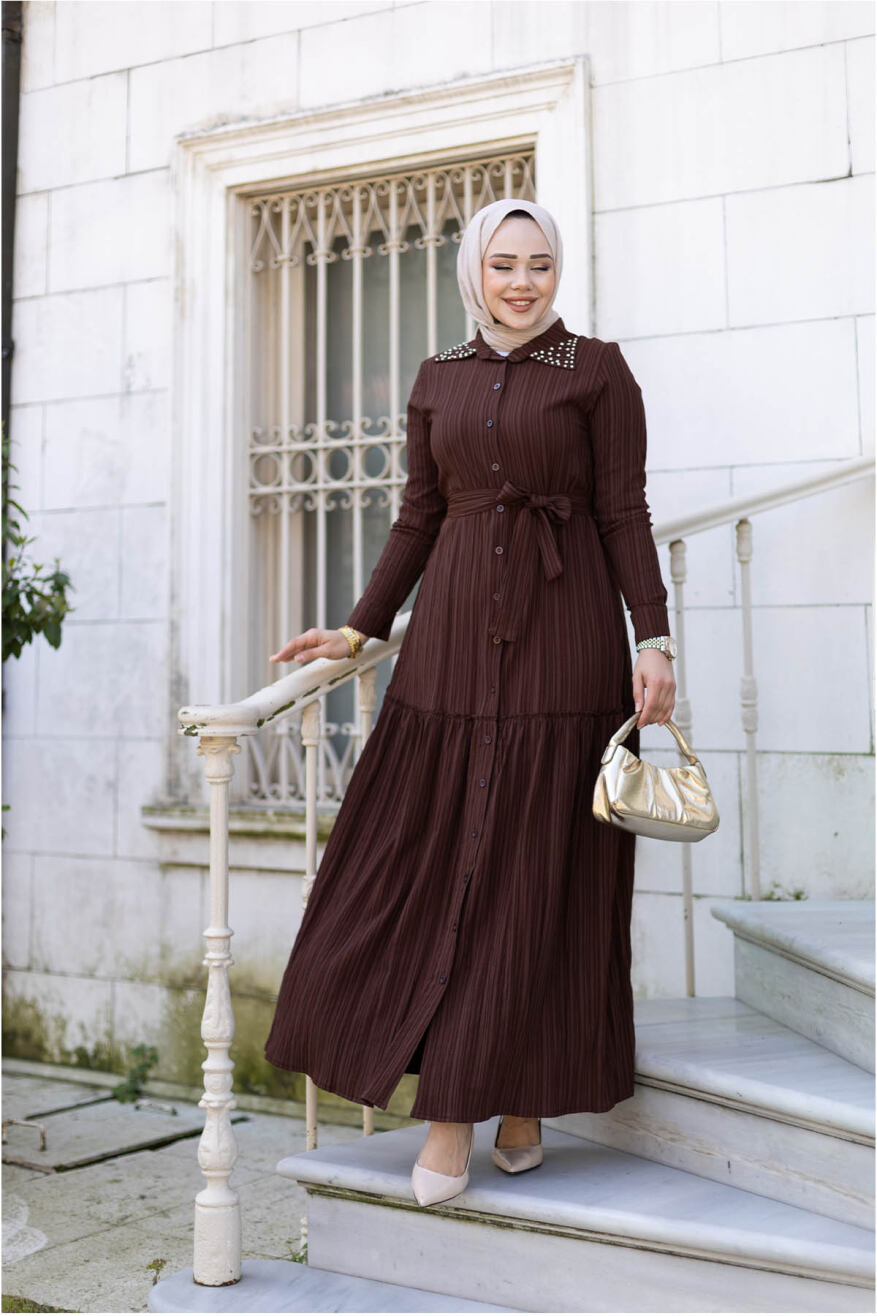 Yakası Taşlı Elbise 1002 Kahverengi - 1