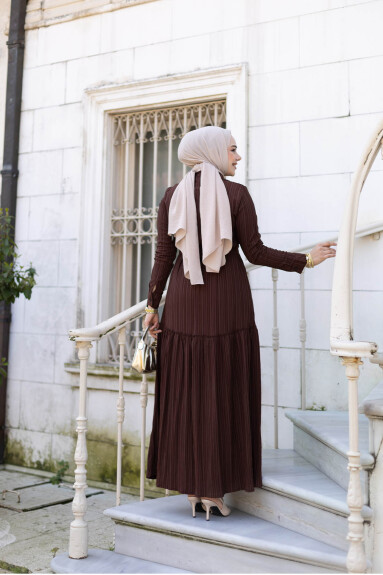 Yakası Taşlı Elbise 1002 Kahverengi - 4