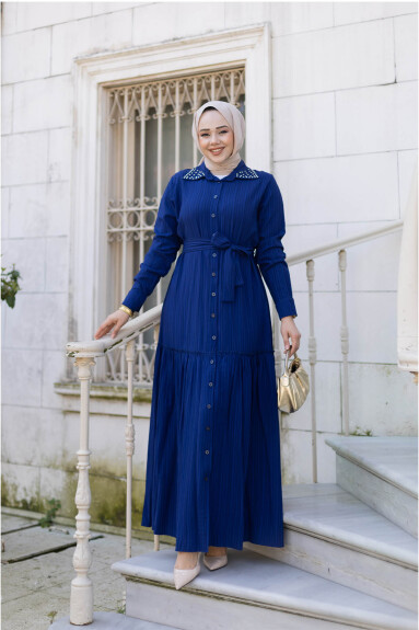Yakası Taşlı Elbise 1002 Saks - 2