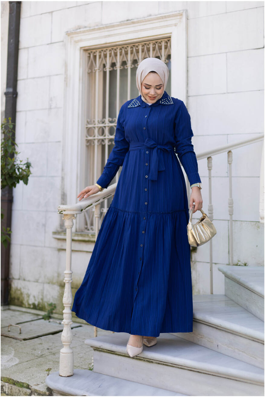 Yakası Taşlı Elbise 1002 Saks - 1