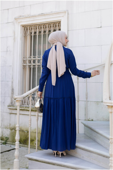 Yakası Taşlı Elbise 1002 Saks - 4