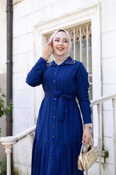 Yakası Taşlı Elbise 1002 Saks - 3