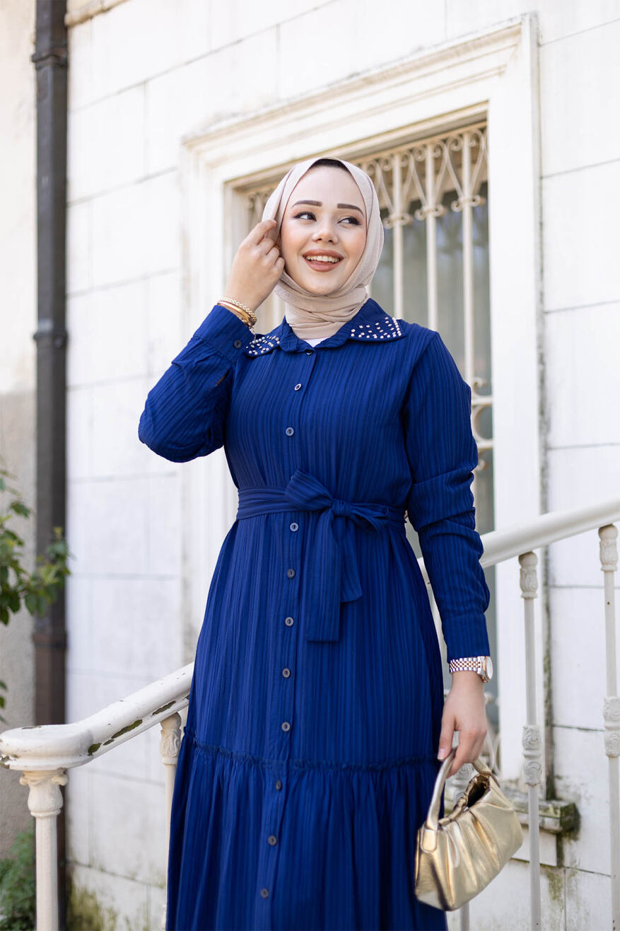 Yakası Taşlı Elbise 1002 Saks - 3