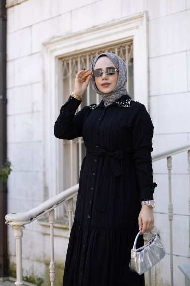 Yakası Taşlı Elbise 1002 Siyah - 3