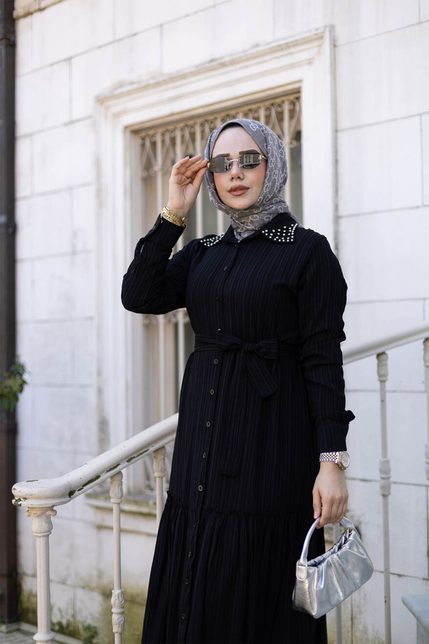Yakası Taşlı Elbise 1002 Siyah - 3