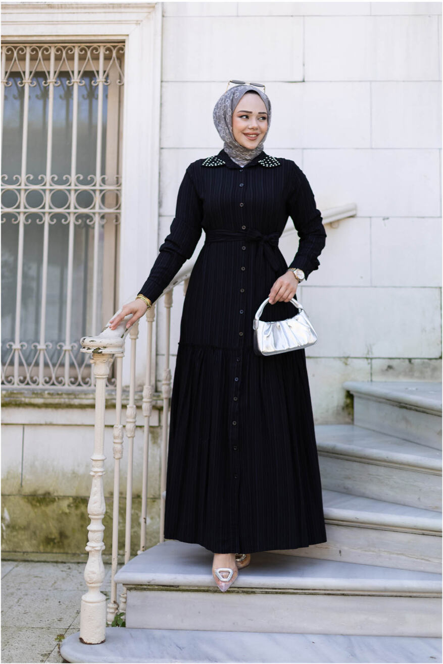 Yakası Taşlı Elbise 1002 Siyah - 2