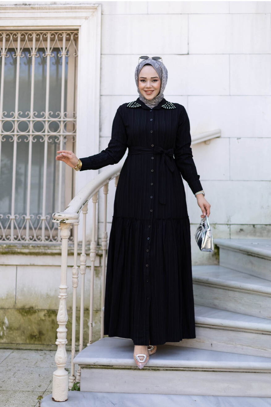 Yakası Taşlı Elbise 1002 Siyah - 1