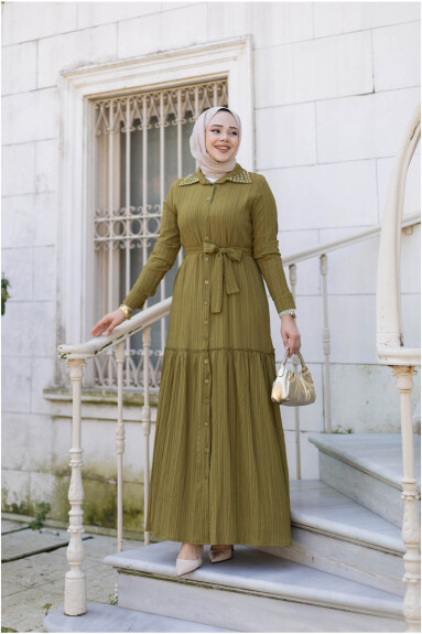 Yakası Taşlı Elbise 1002 Yağ Yeşili 