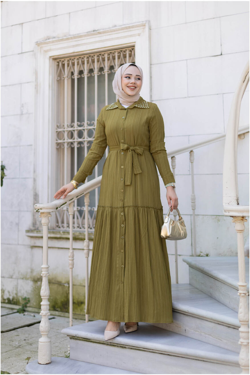 Yakası Taşlı Elbise 1002 Yağ Yeşili - 1
