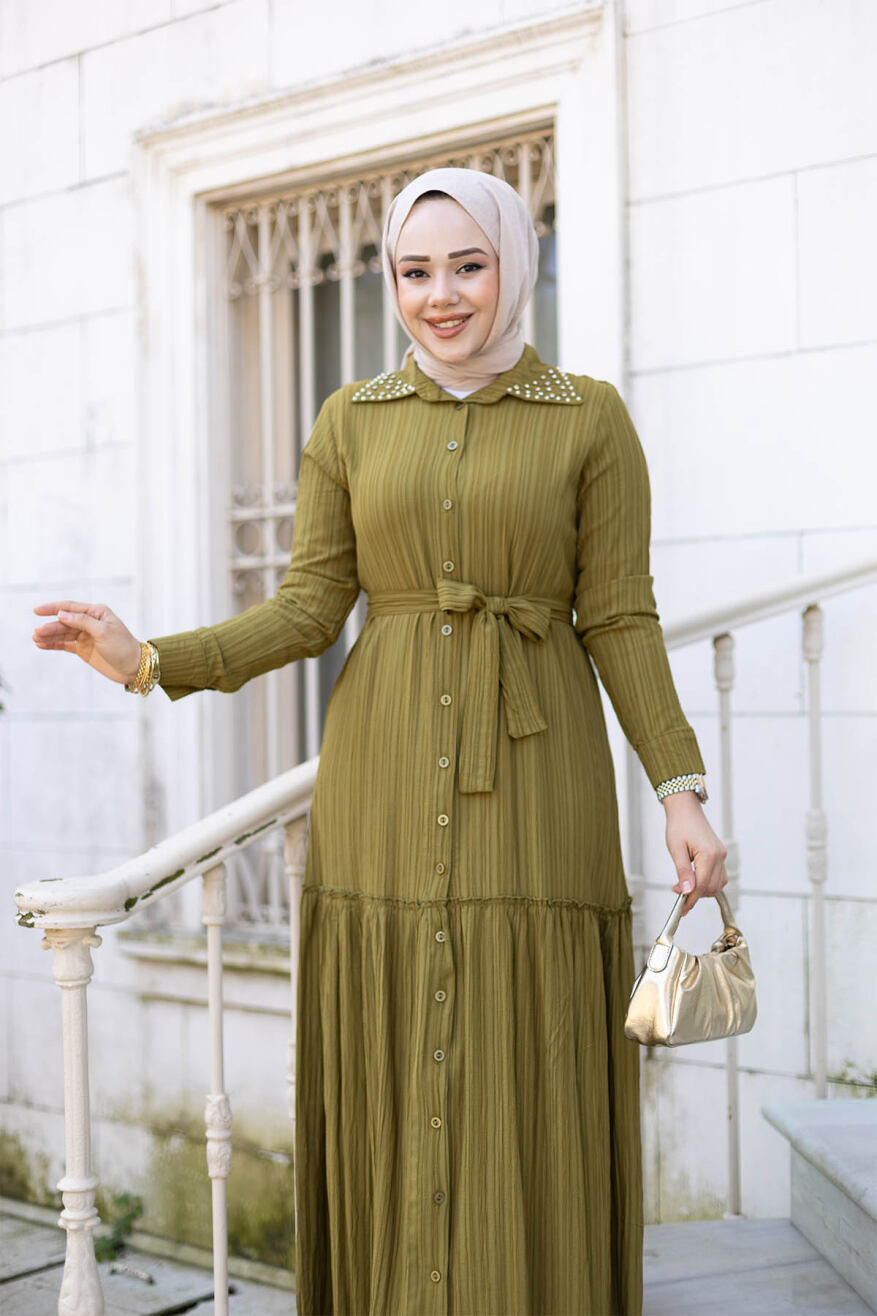 Yakası Taşlı Elbise 1002 Yağ Yeşili - 3