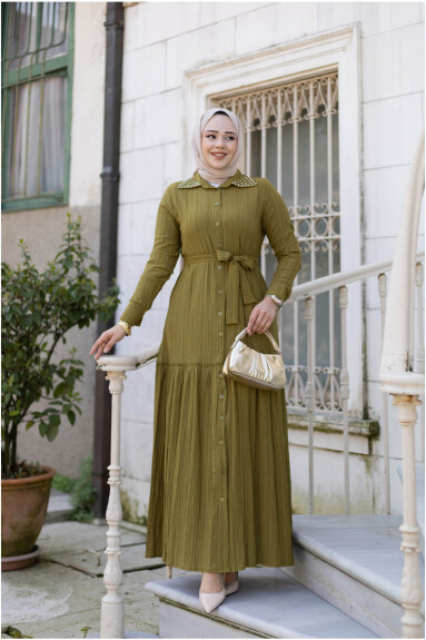 Yakası Taşlı Elbise 1002 Yağ Yeşili - 2