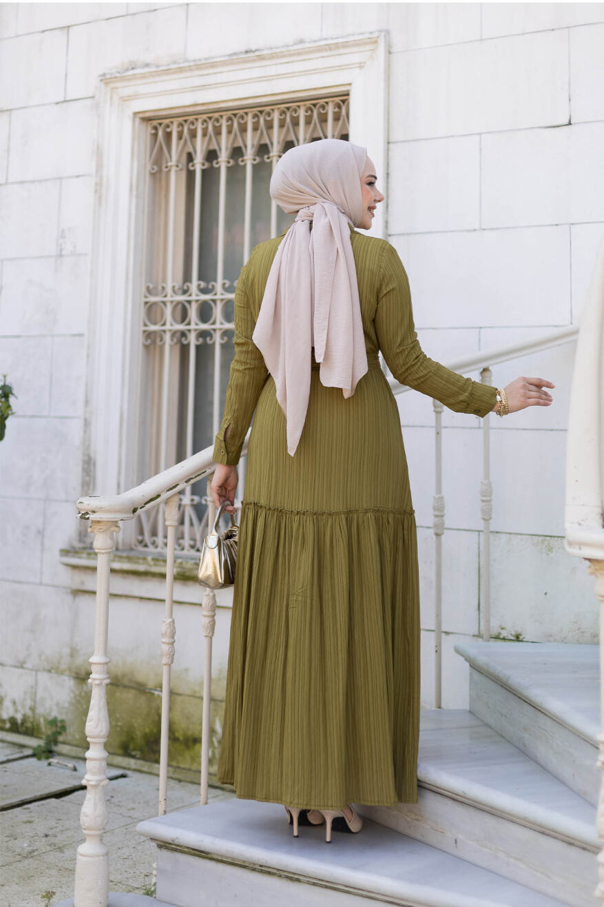 Yakası Taşlı Elbise 1002 Yağ Yeşili - 4